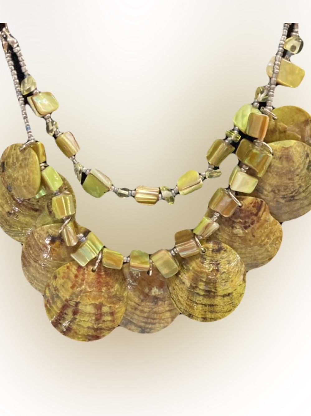 Boho Vintage Iridescent Green Shell Double - Strand Statement Necklace EUC